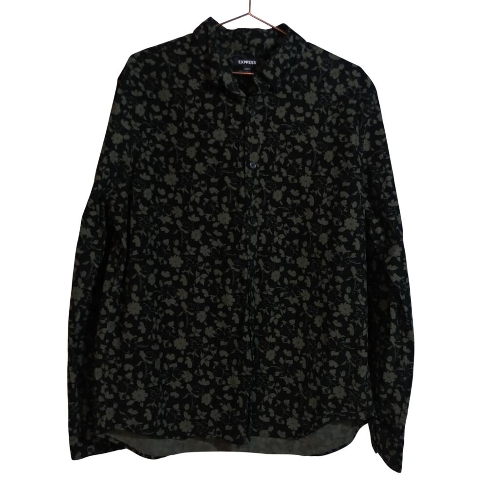 Express Black Floral Button Down Corduroy Shirt Neutral Size L